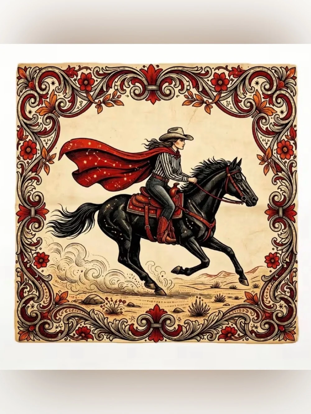 NWT Western Cowgirl Horse Wild Rag Scarf 28x28 Red Black Cream Rodeo Bandana